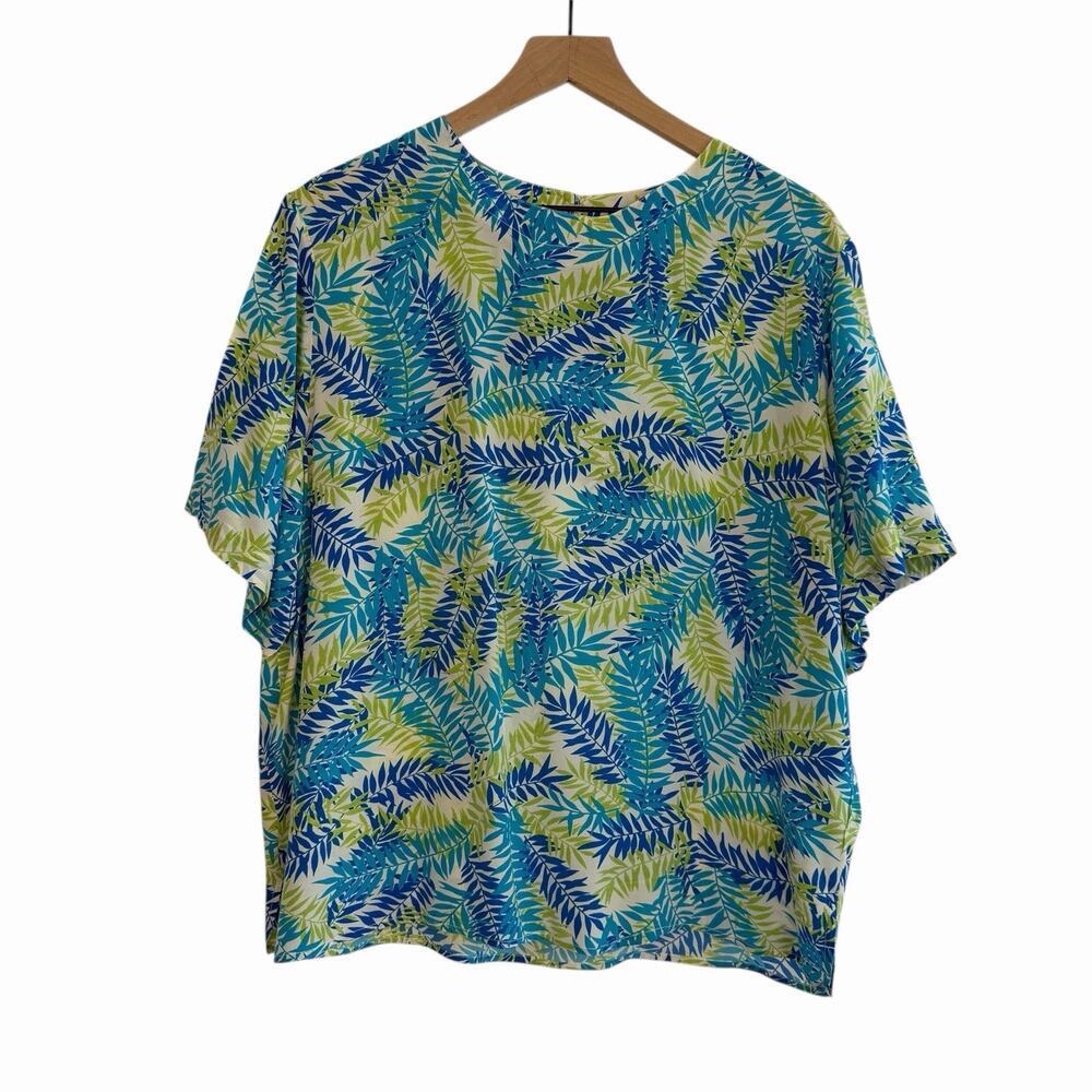 VTG Quo-Silk Womens 100% Silk Short Sleeve Blouse Top Green Blue Tropical XL
